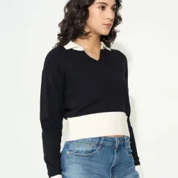 Sf Jeans By Pantaloons Jet Black Slim Fit Color-Block Sweater image 3