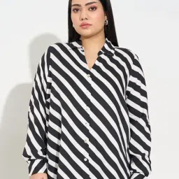 Honey Curvytude By Pantaloons Jet Black Regular Fit Striped Plus Size Shirt-picture-23