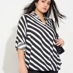 Honey Curvytude By Pantaloons Jet Black Regular Fit Striped Plus Size Shirt image 4