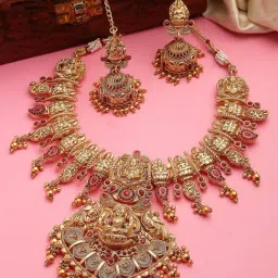 NVR Gold Plated Pink Stone Studded Lakshmi Temple Jewellery Set-image-19
