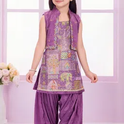 Lagorii Girls Ethnic Motifs Printed Regular Mirror Work Kurta with Patiala & Jacket image 3