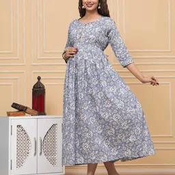 FACON GRAVIDA Women Floral Printed Gathered or Pleated Maternity Fit and Flare Midi Dress-picture-26