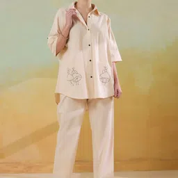 Aura By Sanskrutihomes Embroidered Shirt Collar Pure Cotton Shirt With Trousers Co-Ords-picture-14