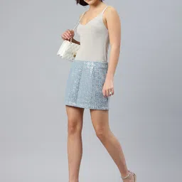 London Rag Embellished Sequinned Pure Cotton Distressed Denim Straight Mini Skirt image 2
