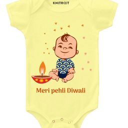 KNITROOT Boy Pehli Diwali White Baby Romper - Yellow-picture-23