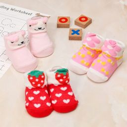 Yellow Bee Pack Of 3 Flower Strawberry & Puppy Printed Anti Skid Socks - Pink & Red-picture-2
