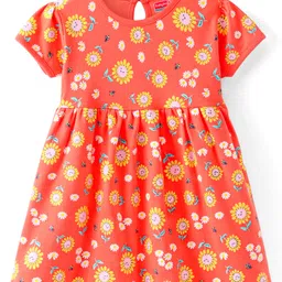 Babyhug Cotton Knit Half Sleeves Frock With Sunflowers Print - Coral-image-52