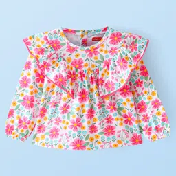 Babyhug Cotton Knit Full Sleeves Top With Frill Detailing Floral Print - Pink-picture-18