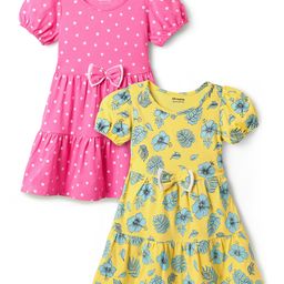 Honeyhap Premium Cotton Knit Half Puffed Sleeves Floral & Polka Dots Printed Frocks with Bio Wash & Bow Applique Pack of 2 - Lemon Zest & Carmine Rose-picture-5