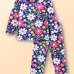 Babyhug Cotton Knit Full Sleeves Co-ords Night Suit with Floral Print - Purple-picture-35
