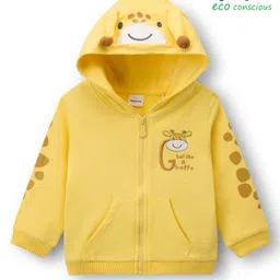Babyoye 100% Cotton Knit Full Sleeves Hooded SweatJacket with Kangaroo Pocket Giraffe Graphic & Embroidery - Yellow-picture-35