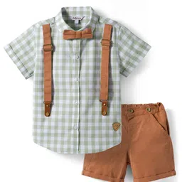 Toffy House Cotton Knit Half Sleeves Shirt with Suspenders Attached & Shorts Set with With Bow & Checks - Brown & Mint-image-27