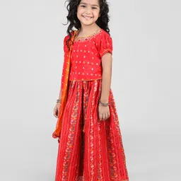 Babyhug Brocade Woven Half Sleeves Floral Embroidered  Choli Lehenga Set with Dupatta Mirror Work & Lace Detailing - Red image 2