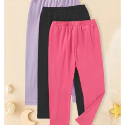 Trampoline Cotton Lycra Knit Pack Of 3 Full Length Solid Leggings - Purple Pink & Black image 3