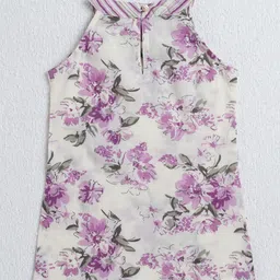 The Magic Wand Cotton Woven Sleeveless Floral Printed Gota Lace Embellished Top & Dhoti Set - Off White & Purple image 3