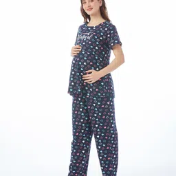 Bella Mama Cotton Knit Half Sleeves Nursing Night Suit Hearts Print - Navy Blue image 4