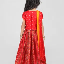 Babyhug Brocade Woven Half Sleeves Floral Embroidered  Choli Lehenga Set with Dupatta Mirror Work & Lace Detailing - Red image 3