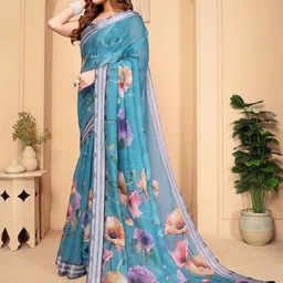 MORDEN MUSE Printed Cotton Linen Saree With Blouse Piece image 5