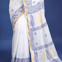 Taavi Women White Printed Zari Boarder Pure Cotton Saree image 2