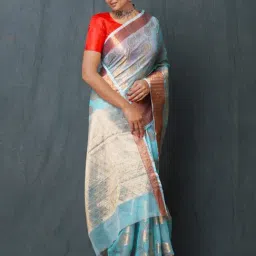 Unnati Silks Sky Blue Cotton Woven Saree With Unstitched Blouse-picture-10