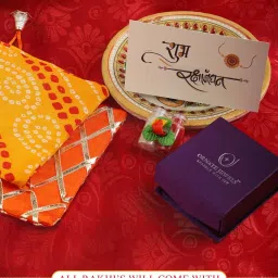 Ornate Jewels 925 Silver 18K Gold Plated Red Ruby Sun Thread Rakhi for Brother with Roli Chawal image 4