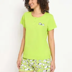 Clovia Green Cotton Printed Top & Shorts Set image 4