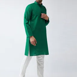 SOJANYA Men Green & Off-White Solid Kurta with Churidar image 4