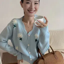 StyleCast Women Embroidered V-Neck Full Sleees Cardigan Sweater with Floral Applique-image-9