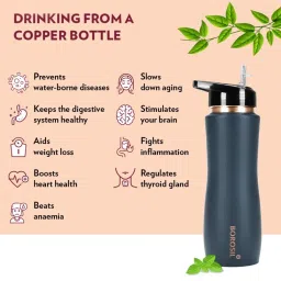 Borosil Water Bottle with 100 percent Copper & Leakproof (Grey, 750 ml) image 4