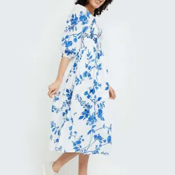 Colour Me by Melange White Cotton Printed A-Line Dress image 4