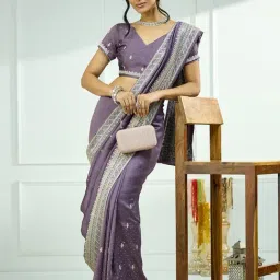 Satrani Purple Silk Blend Embroidered Saree With Unstitched Blouse image 3