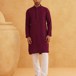 SOJANYA Chevron Embroidered Sequinned Mandarin Collar Pure Cotton Kurta With Churidar-picture-5