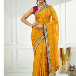 Satrani Yellow Georgette Printed Saree With Unstitched Blouse-image-32