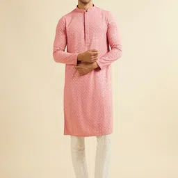 Manyavar Floral Embroidered Chikankari Mandarin Collar Straight Kurta With Trousers-picture-14