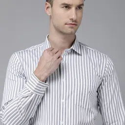 Park Avenue Men White & Navy Blue Slim Fit Striped Pure Cotton Formal Shirt-picture-20