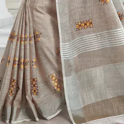 KALINI Beige Linen Blend Printed Sarees image 2