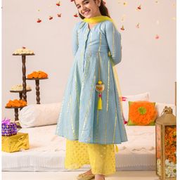 Pspeaches Three Fourth Sleeves Lurex Striped Flared Kurta With Seamless Motif Detailed Palazzo & Dupatta - Grey & Yellow-picture-17