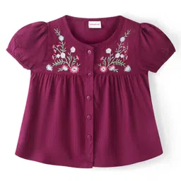Babyhug Rayon Woven Half Sleeves Top with Floral Embroidery -Maroon-picture-28