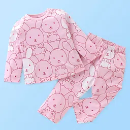 Babyhug Cotton Single Jersey Knit Full Sleeves Night Suit Bunny Print - Pink-picture-22