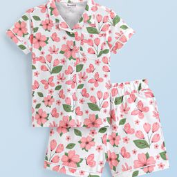 Honeyhap Premium 100% Cotton Single Jersey With Bio Finish Half Sleeves Night Suit With Floral Print - Pink & White-picture-33