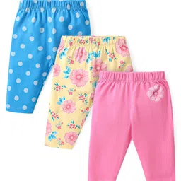 Babyhug Cotton Lycra Three Fourth Length Leggings with Floral & Polka Dots Print  Pack of 3 - Blue Yellow & Pink-picture-17