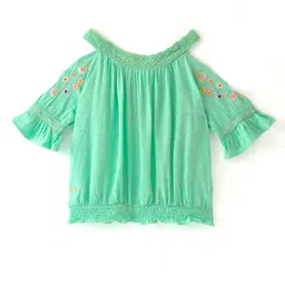 Kookie Kids Half Cold Shoulder Sleeves Floral Embroidered & Swiss Dots Detailing Top - Green-picture-17