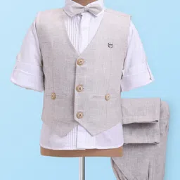 JASH KIDS Cotton Woven Full Sleeves 3 Piece Party Suit with Bow & Pintuck Detailing - Light Grey-image-40