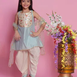 Little Bansi Sleeveless Sequin Floral Embroidered & Lace Embellished Kurta Dhoti With Dupatta - Dolphin Blue-picture-21