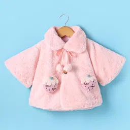 Babyhug Fur Woven Half Sleeves Winter Jacket with Strawberry Applique - Baby Pink-picture-20