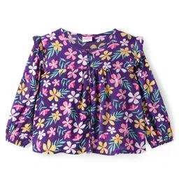 Babyhug Rayon Woven Full Sleeves Top With Floral Print & Frill Detailing - Purple-picture-28