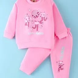 Zero Fleece Knit Full Sleeves T-Shirt & Lounge Pants Set With Animal & Text Print - Pink-image-98