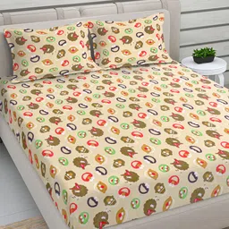 FABINALIV Cream Cartoon Print Woollen King Size Double Bedsheet with 2 Pillow Covers-picture-11