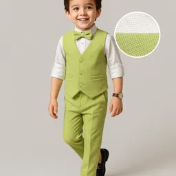 Babyhug Woven Full Sleeves Solid Color 3 Piece Party Suit with Shirt Waistcoat Trousers and Bow - White & Light Green-picture-28