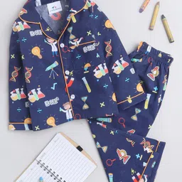 Knitting Doodles Pure Cotton Woven Full Sleeves Science Theme Printed Coordinating Shirt & Pajama Set - Dark Blue-picture-18